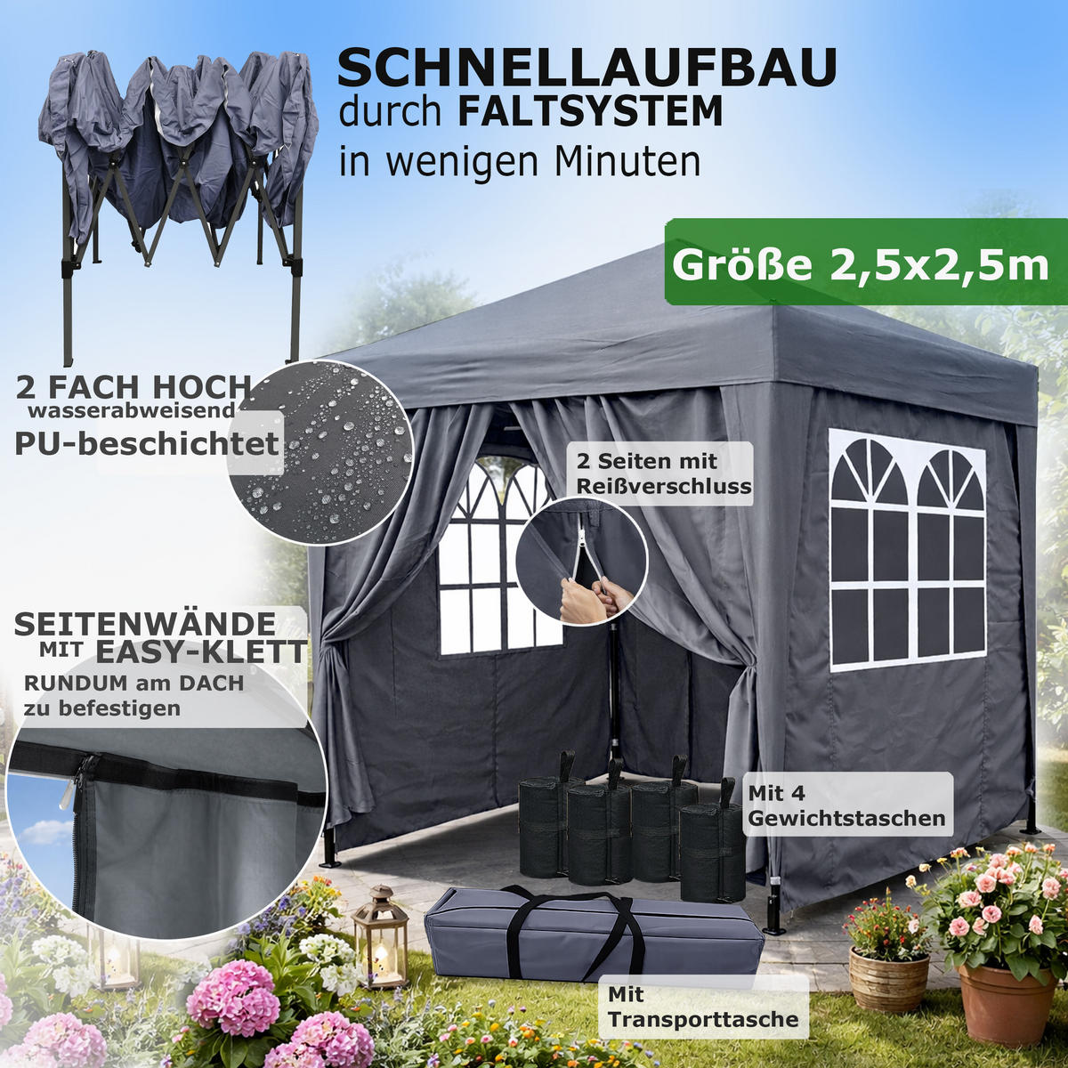 FALTPAVILLON 2,5x2,5m Smoky Grau inkl. 4 Fußgewichten - Grau, Metall (250/245/250cm) - QUICK STAR