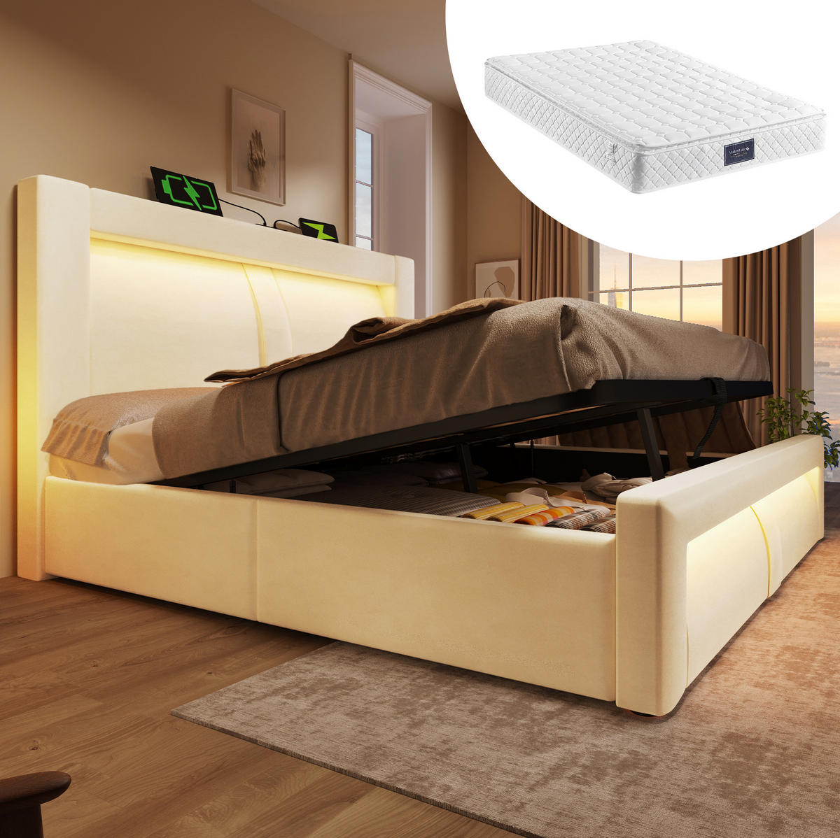 BETT mit Stauraum & LED 140x200 cm Samt Beige inkl. Matratze - Beige, Metall (140/200cm) - Meubliv