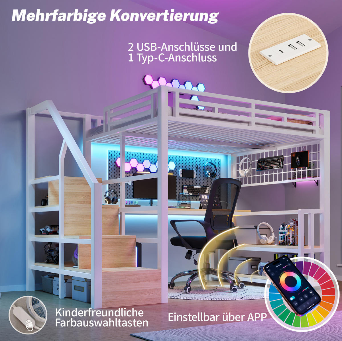 HOCHBETT mit Schreibtisch 140/200 cm in Weiß – mit Stauraum, LED und USB - Weiß, Metall (140/200cm) - BEAOK