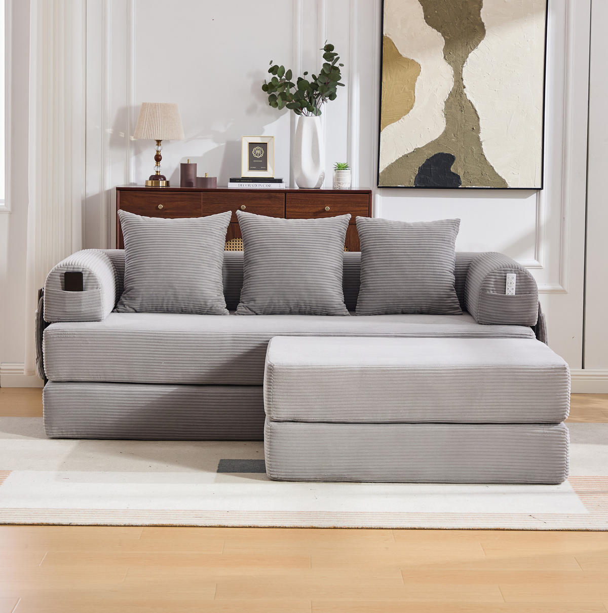 SOFA modular mit Hocker 200 x 190 cm Cord Hellgrau - Hellgrau, Kunststoff (190/200cm) - Meubliv