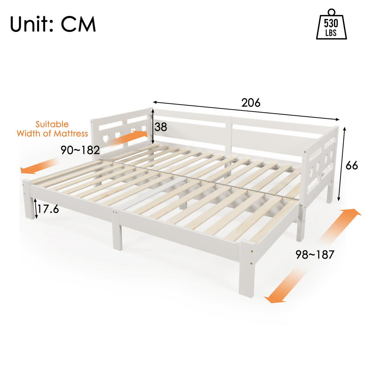 AUSZIEHBETT 90/200 cm mit Herz-Design, Massivholz, Weiß - Weiß, Holzwerkstoff (90/200cm) - Redom