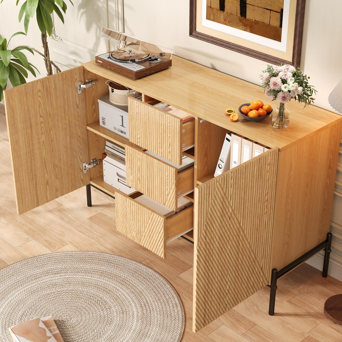SIDEBOARD 115,5/40/76 cm mit geometrischen Türen, Schubladen und Eisenbeinen, MDF, Natur - Naturfarben, Holzwerkstoff (115.5/76/40cm) - Redom