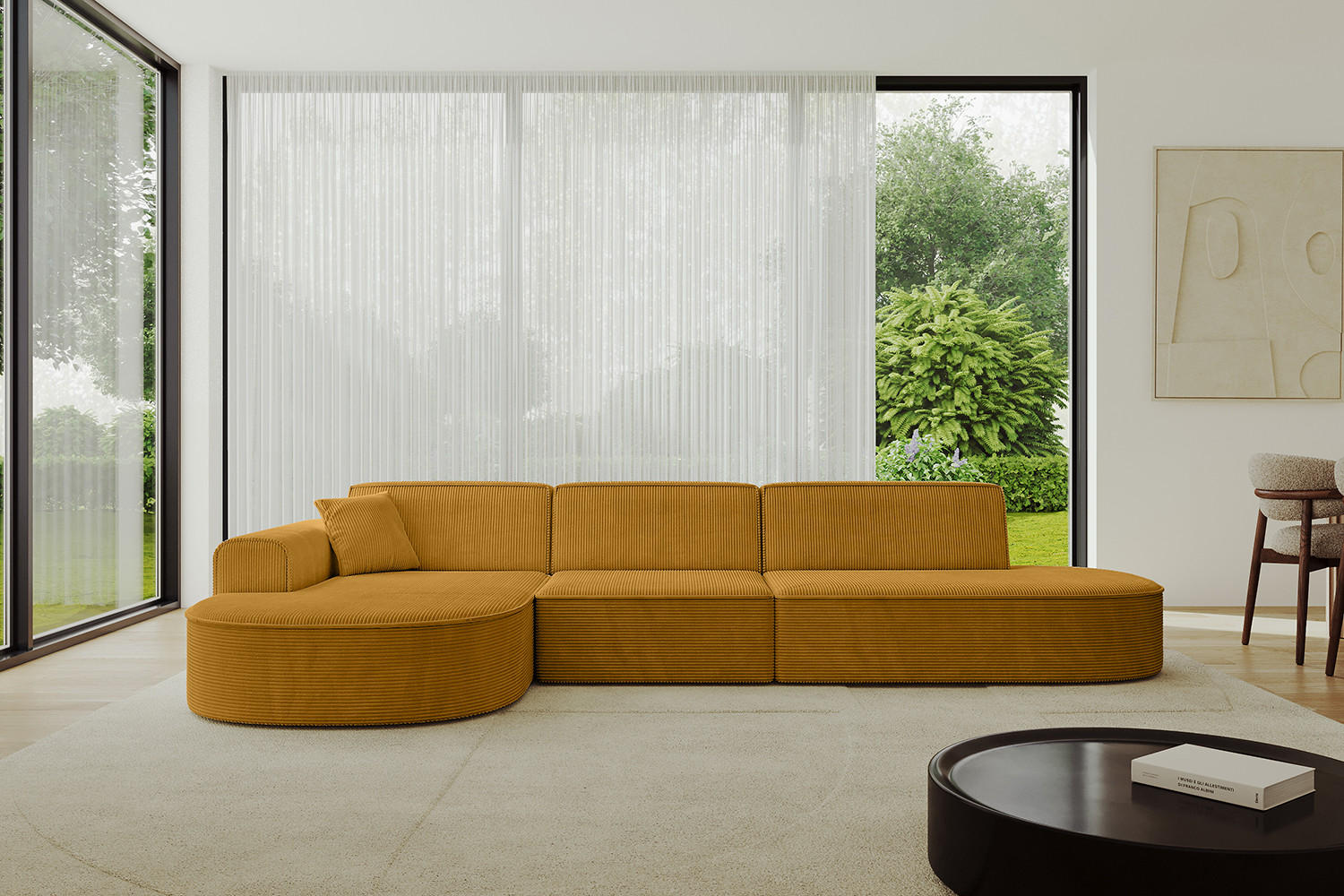 ECKSOFA Ottomane Links MARI-L2 - 317x163x73,5 cm Senfgelb Cord - Gelb/Schwarz, Holzwerkstoff/Kunststoff (165/321cm) - ALTDECOR