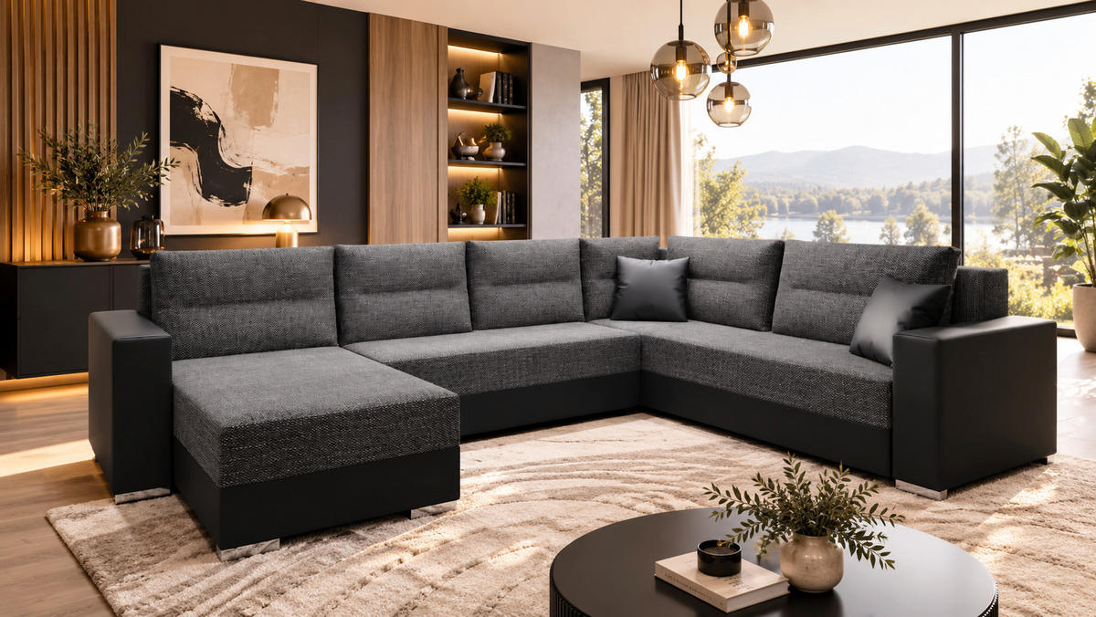WOHNLANDSCHAFT CAPTAIN U-Form 314 cm mit hochwertigem Federkern, Schlaffunktion, Bettkasten und Ottomane links/rechts - Schwarz, Kunststoff (314/90/217cm) - Wohnideebilder