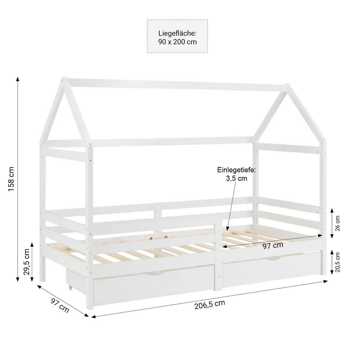HAUSBETT 90/200 mit Rausfallschutz Weiß - Weiß, Holz (207/158/96cm) - Homestyle4u
