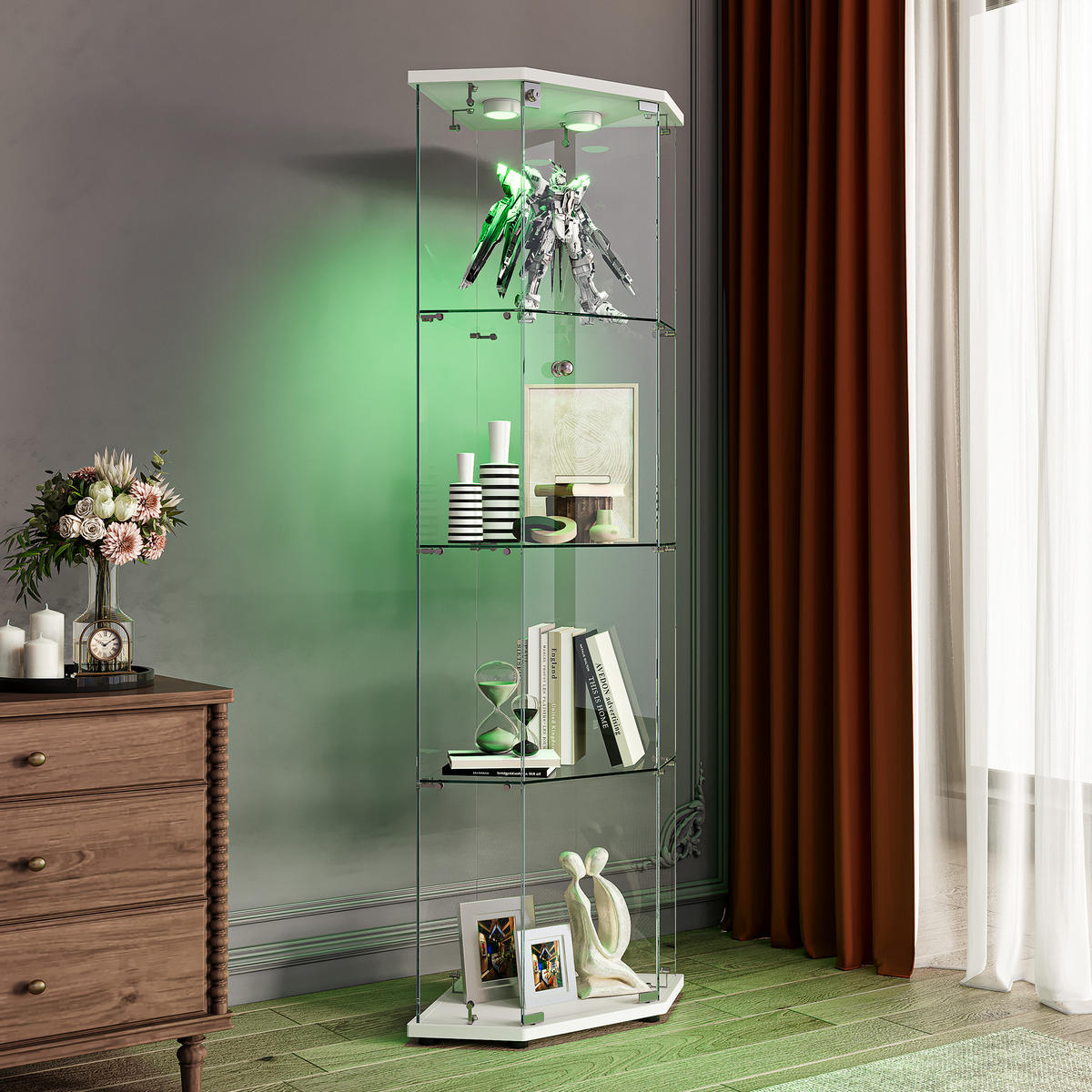 ECKSCHRANK 5-Eck, 1 Tür, 4 Ebenen, LED, weißer Sockel - Weiß, Glas (42.5/162/60cm) - SHOPENTRA