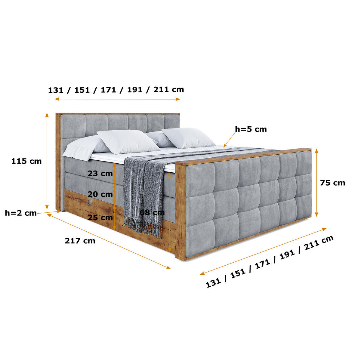 BOXSPRINGBETT mit Matratze H3|H4 und Lattenrost - LOLLI7-Z KING-160x200 - Grau Casablanca - Grau, Holzwerkstoff (160/200cm) - ALTDECOR