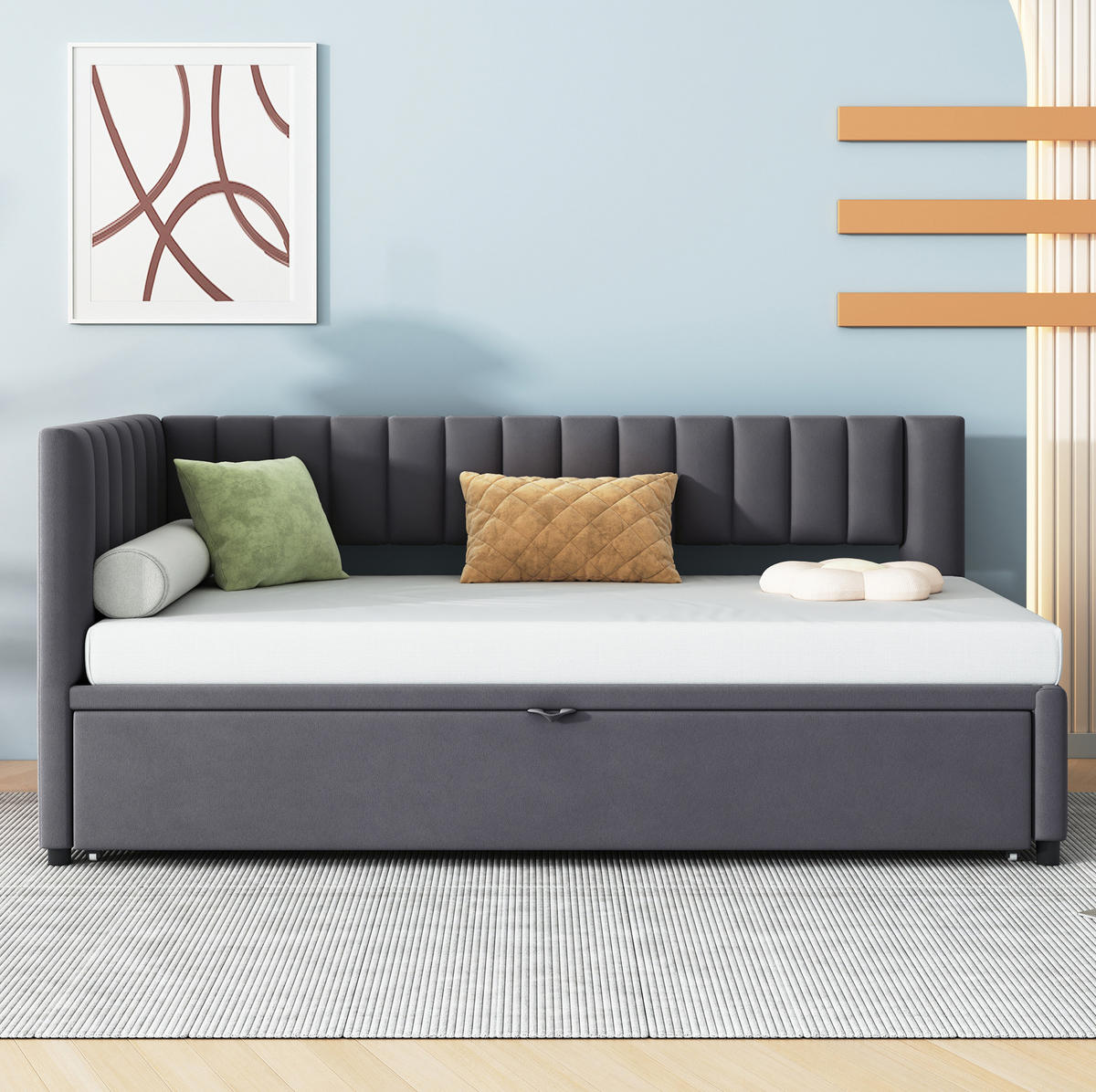 SAMT-POLSTERBETT 90/200 cm mit Ausziehbett in Grau - Grau, Textil (90/180cm) - BEAOK