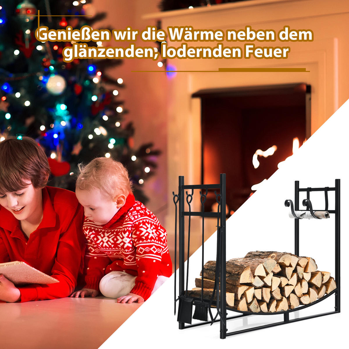 KAMINHOLZREGAL Schwarz - Schwarz, Metall (33/76/90cm) - COSTWAY