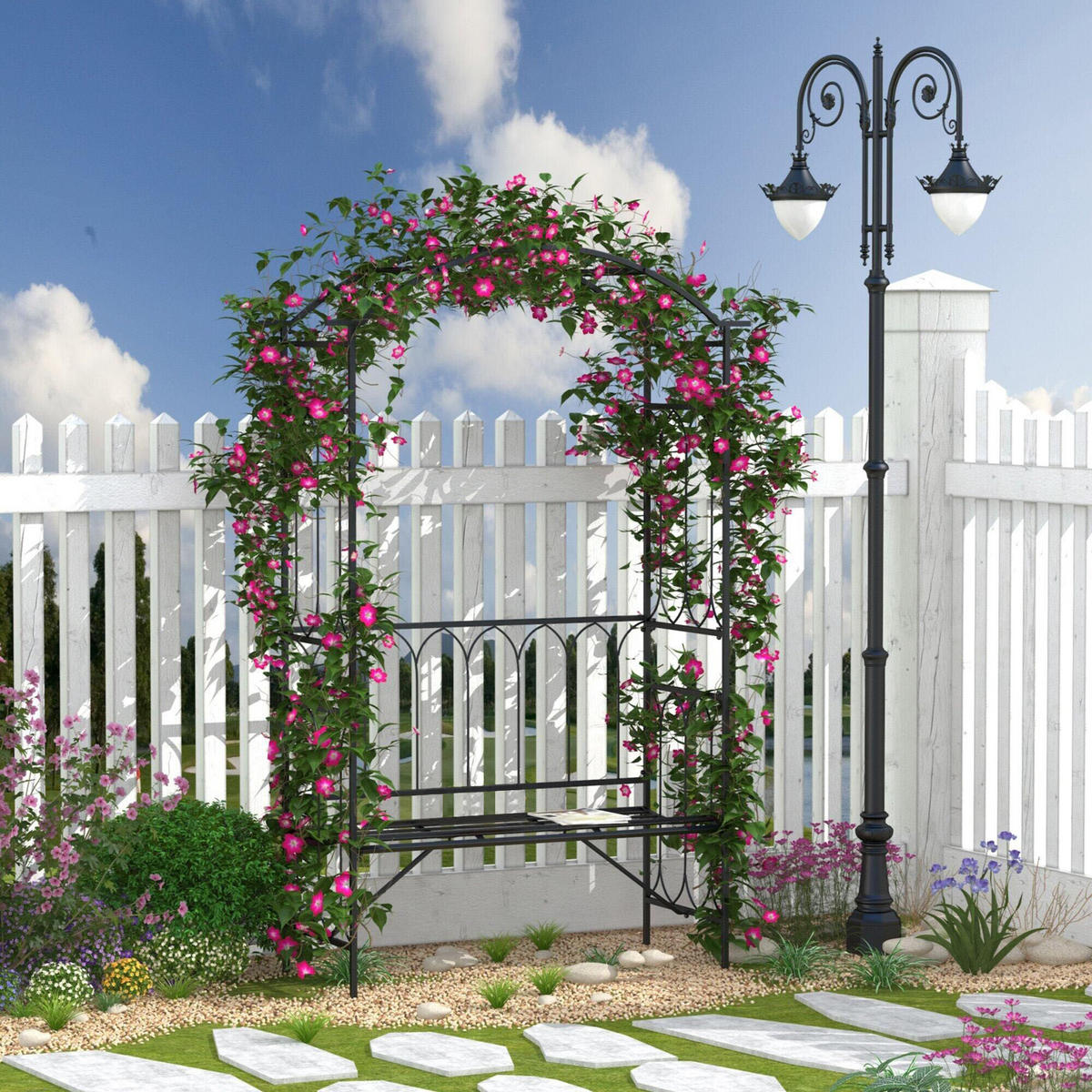 ROSENBOGEN mit Bank, 115 x 50 x 203 cm, Metall, Schwarz - Schwarz, Metall (50/203/115cm) - Outsunny