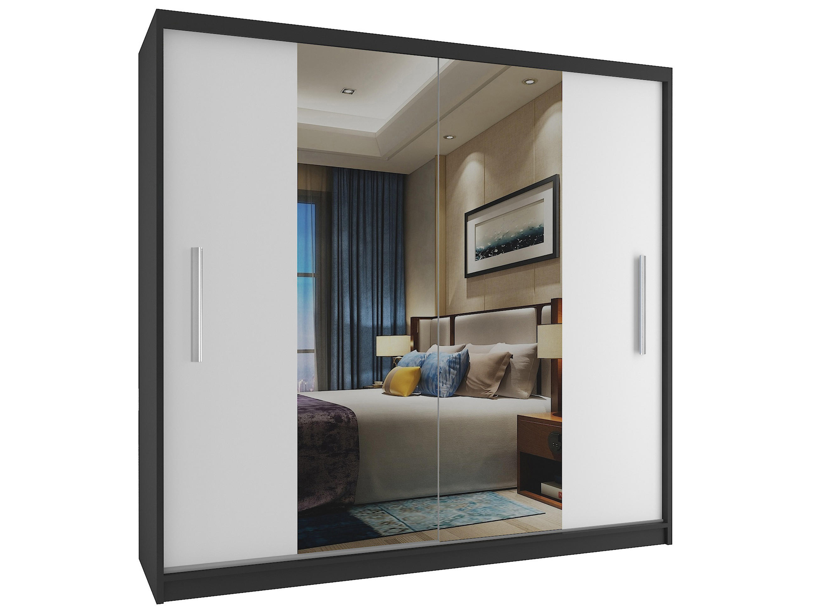 SCHWEBETÜRENSCHRANK Verona ME, Schwarz/Weiß Matt, 200 cm, mit Spiegel - Weiß, Holz (200/216/60cm) - B BELINI GROUP