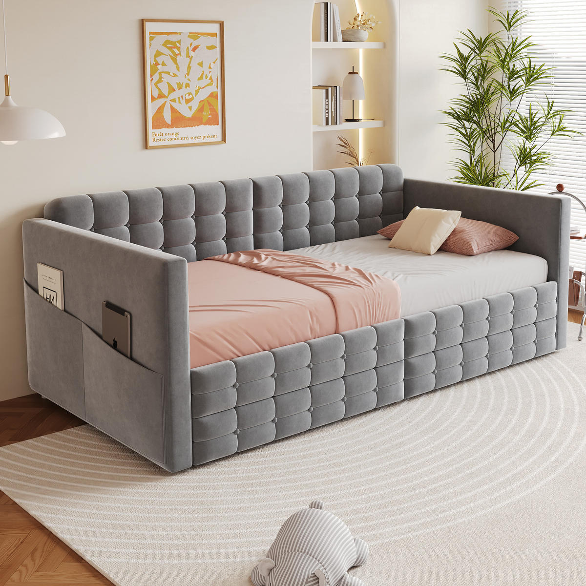 ČALÚNENÁ posteľ 90/190 cm zo zamatu sivá, s 2 zásuvkami a bočnými vreckami - sivá, textil (90/190cm) - BEAOK