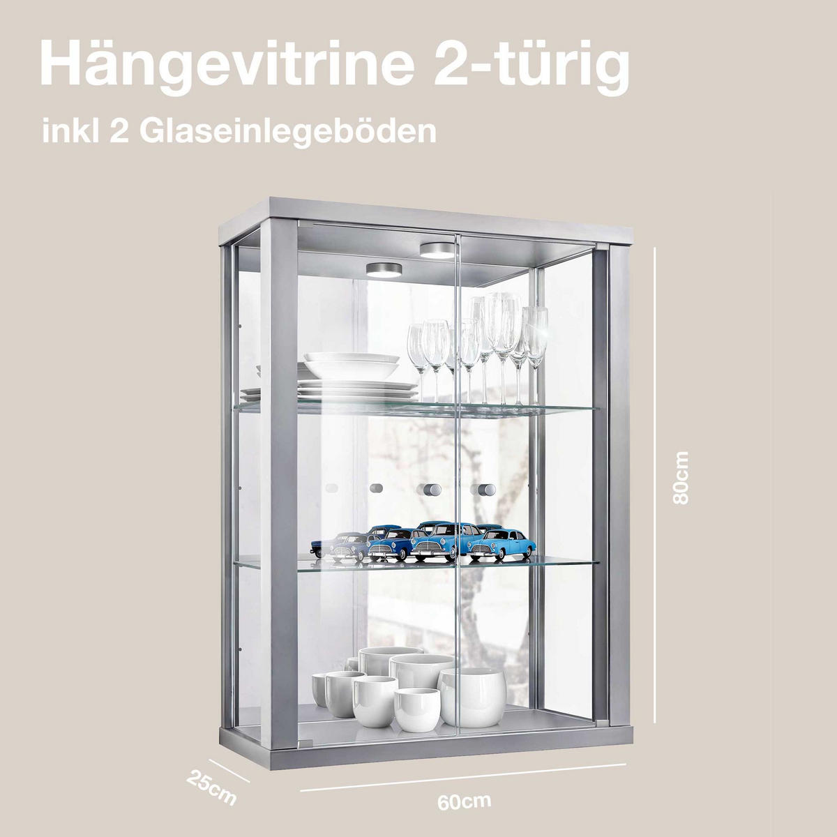 HÄNGEVITRINE 25/60/80 cm mit Spiegel, LED & 2 höhenverstellbaren Glasböden - Transparent/Silberfarben, Glas/Holzwerkstoff (60/80/25cm) - K-Möbel