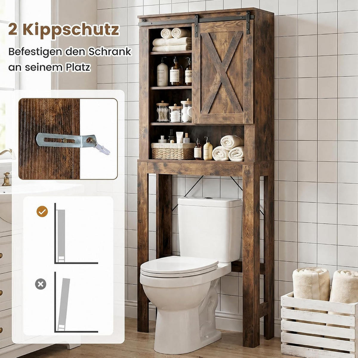 TOILETTENSCHRANK mit Schiebetür braun - Braun, Holzwerkstoff (67/169/25cm) - COSTWAY