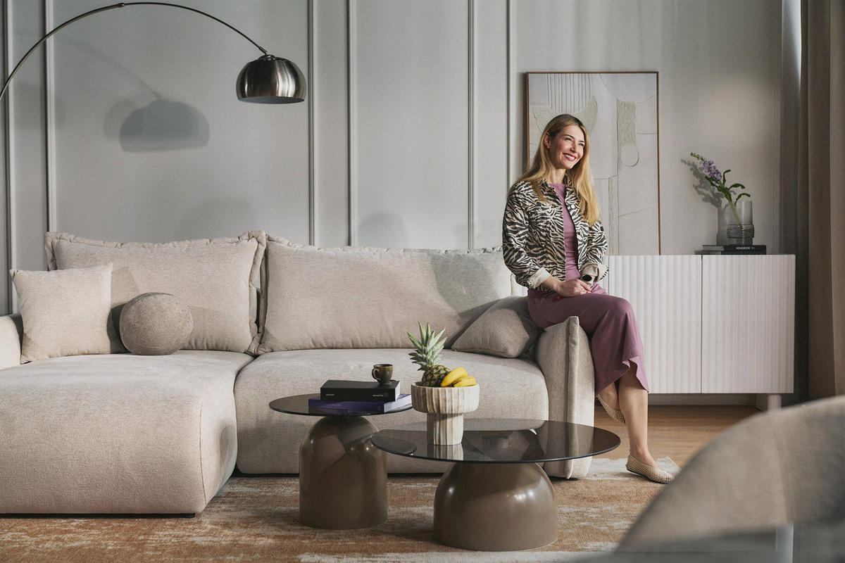 ECKSOFA Cushi Hellbeige-Chenille - Ecru/Schwarz, Kunststoff/Textil (252/183cm) - Selsey