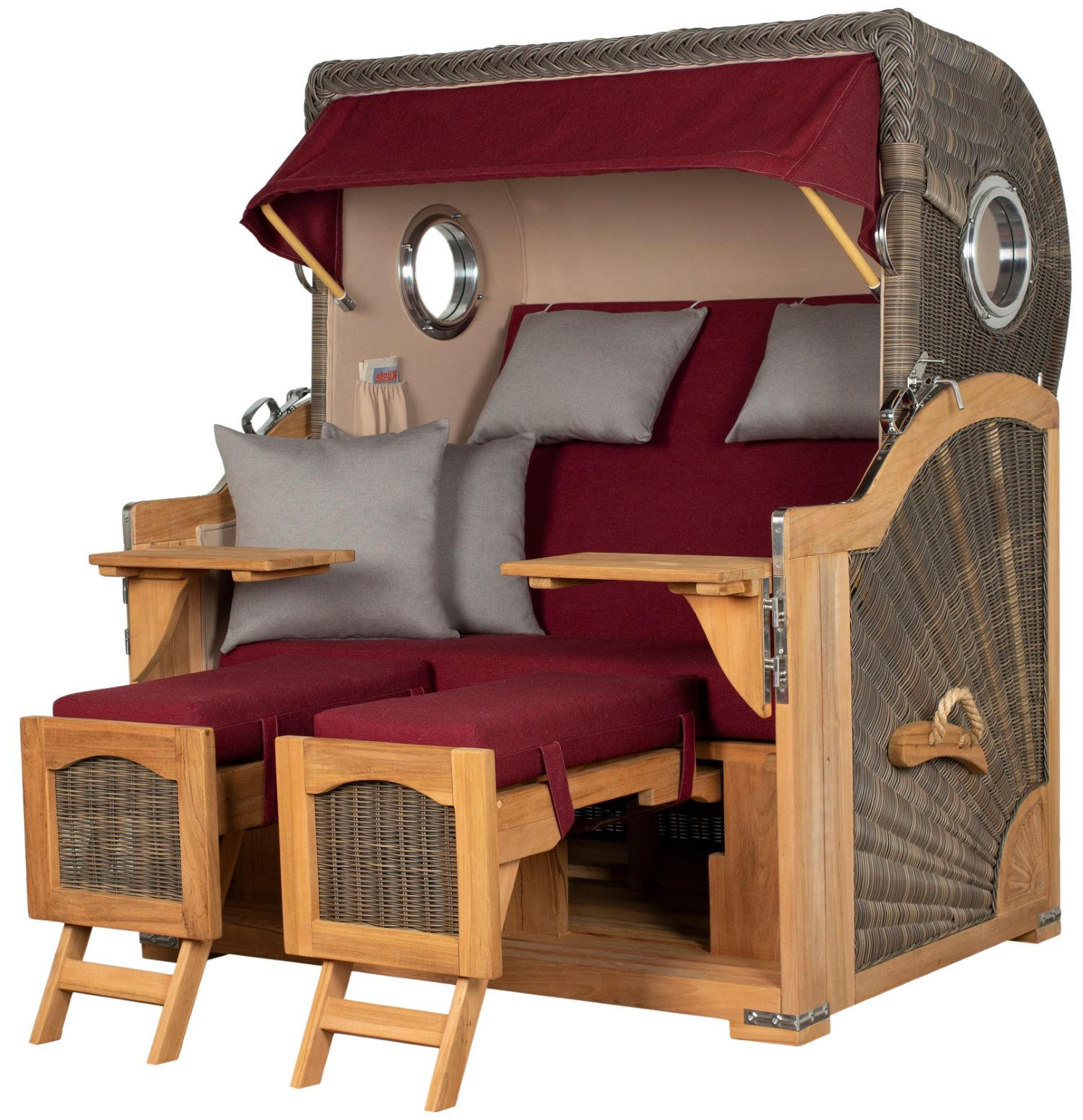 STRANDKORB Komplettset: Ammersee Grande XL Teak Bullauge - PE grau - Modell 594 - Rot/Grau, Holz/Kunststoff (142/165/95cm) - bene living