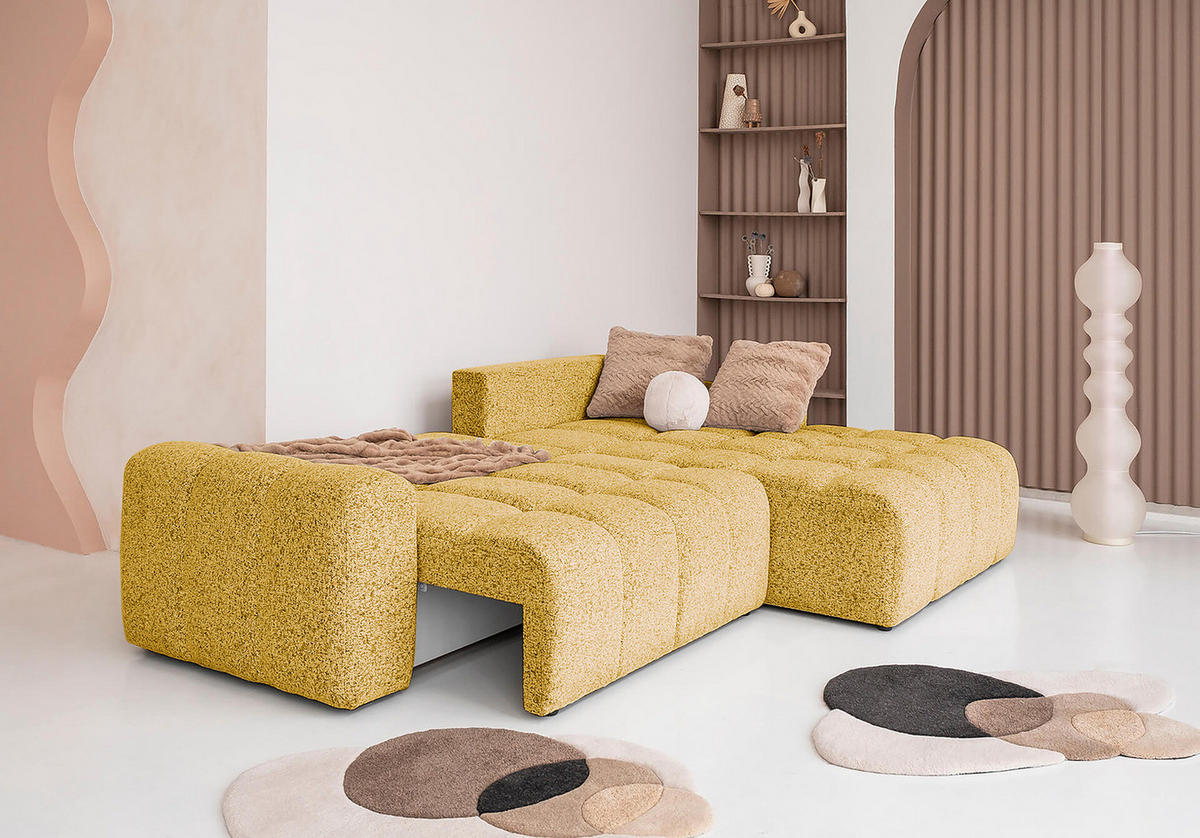 ECKSOFA mit Schlaffunktion - Strukturstoff - Beige/Gelb, Kunststoff/Textil (268/184cm) - home24