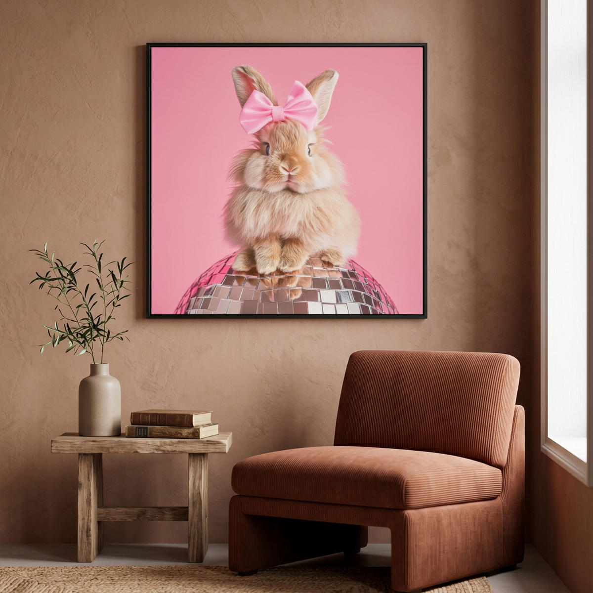 LEINWAND Bilder mit Rahmen - Schleife - Discoball - Kaninchen - 90x90 - Pink, Textil (90/90cm) - MuchoWow