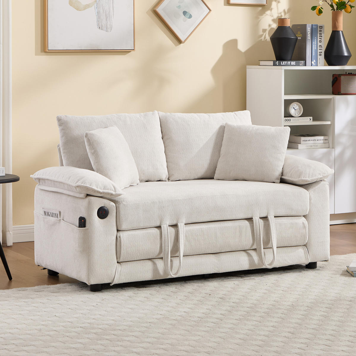SCHLAFSOFA 138/66/80 cm Weiß Chenille mit Ausziehbares Bett und Seitentaschen - Weiß, Textil (66/80/135cm) - Oxeza