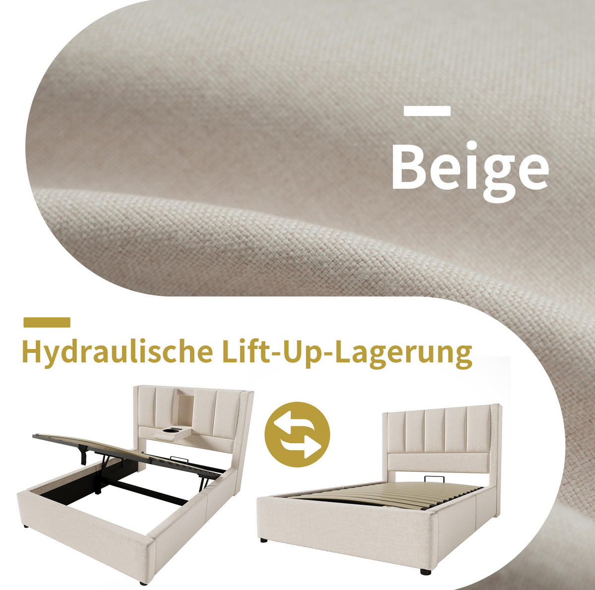 TAPECIRANI krevet 90/200 cm bež od lana s punjačkom stanicom i spremištem - bež, tekstil (90/200cm) - OKWISH
