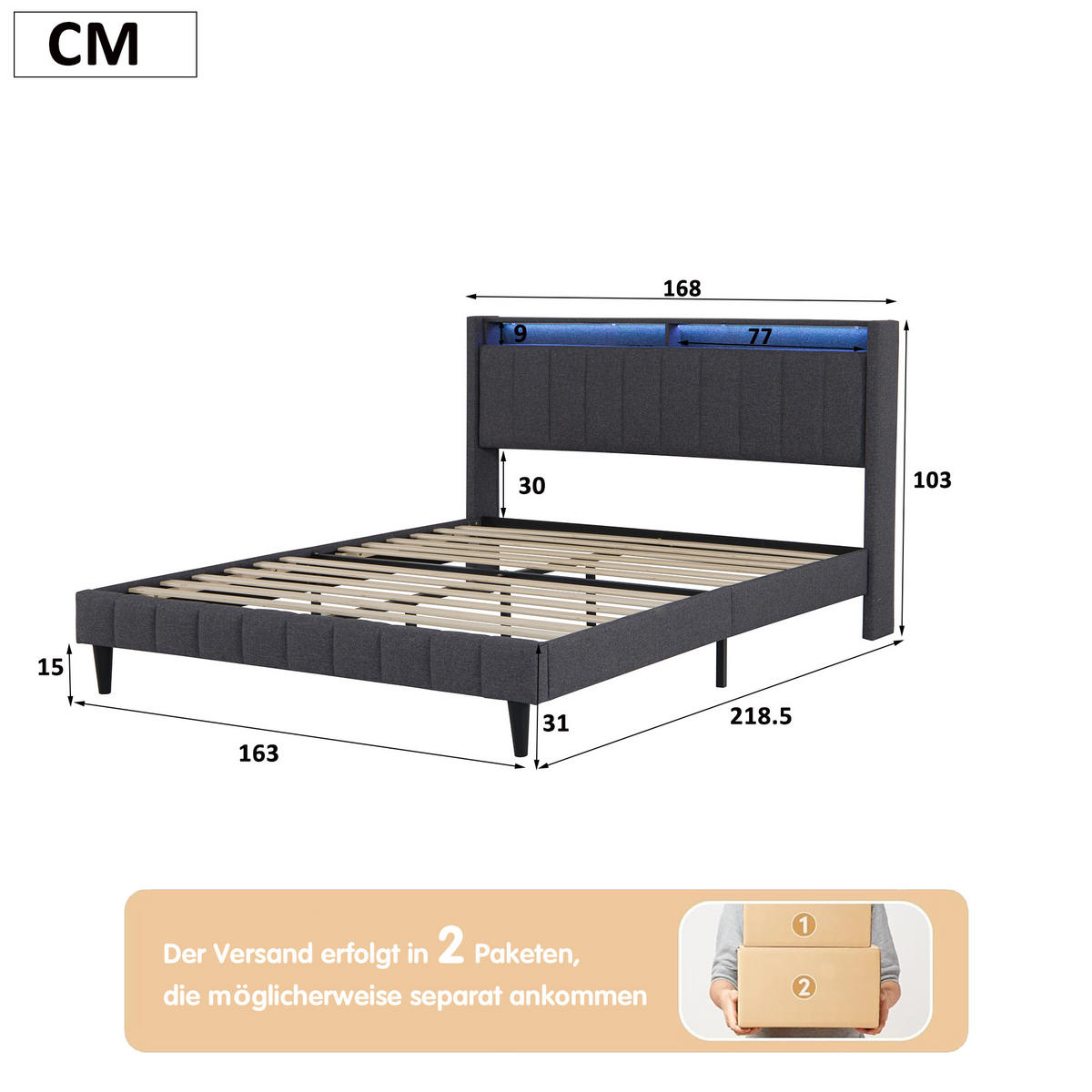 POLSTERBETT 160x200 cm, Grau, mit USB & LED - Grau, Textil/Metall (160/200cm)