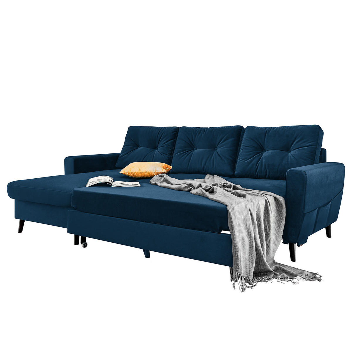 ECKSOFA mit Longchair - Schwarz/Dunkelblau, Buchenholz/Textil (233/148cm) - home24