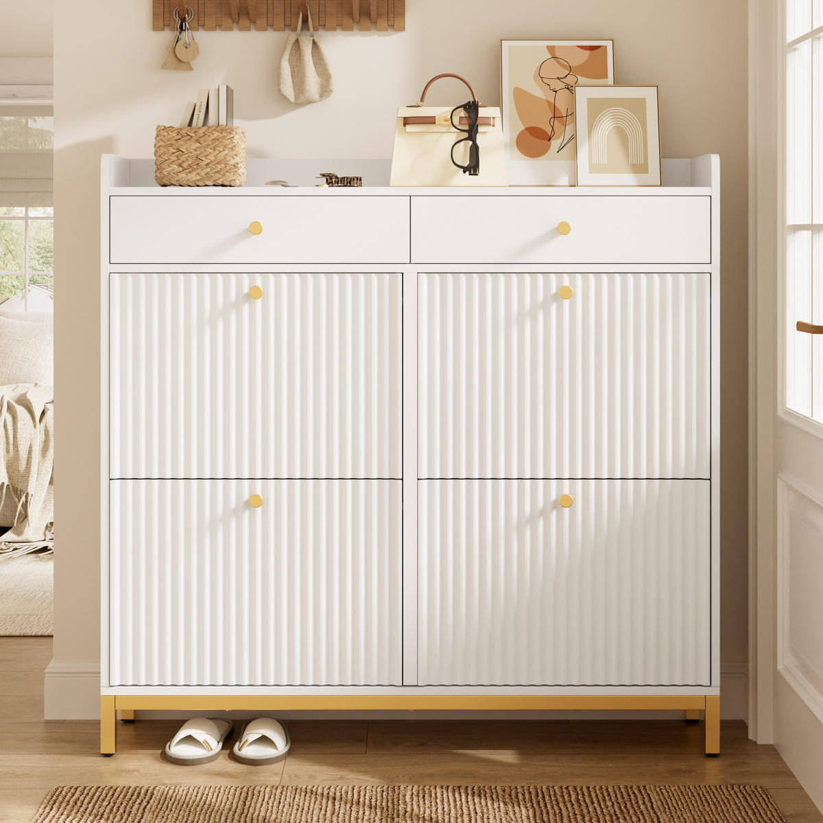 SCHUHSCHRANK 106.5x25x107cm Weiß mit 4 Klappen, 2 Schubl. - Weiß, Holzwerkstoff (106.5/107/25cm) - FLIEKS