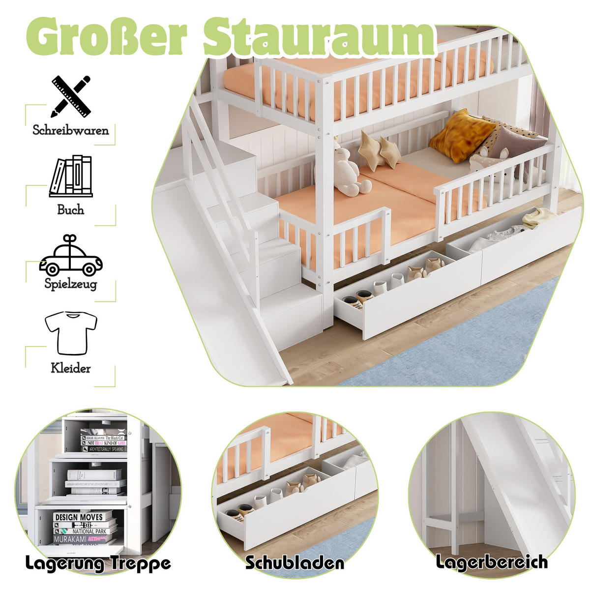 KINDERBETT 90x200cm Weiß Mit Rutsche & Magnetischer Tür - Weiß, Holzwerkstoff (90/200cm) - FLIEKS