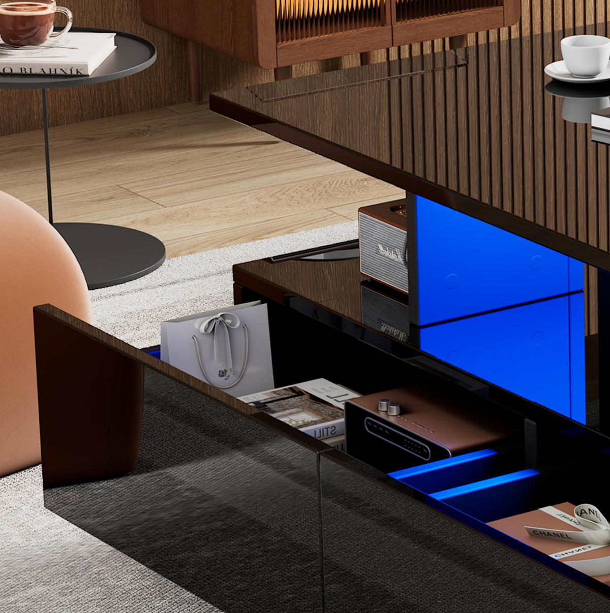 COUCHTISCH 90/55/41 cm schwarz aus Holzwerkstoff mit LED-Beleuchtung und 2 Schubladen - Schwarz, Holzwerkstoff (90/55/41cm) - OKMYHOME
