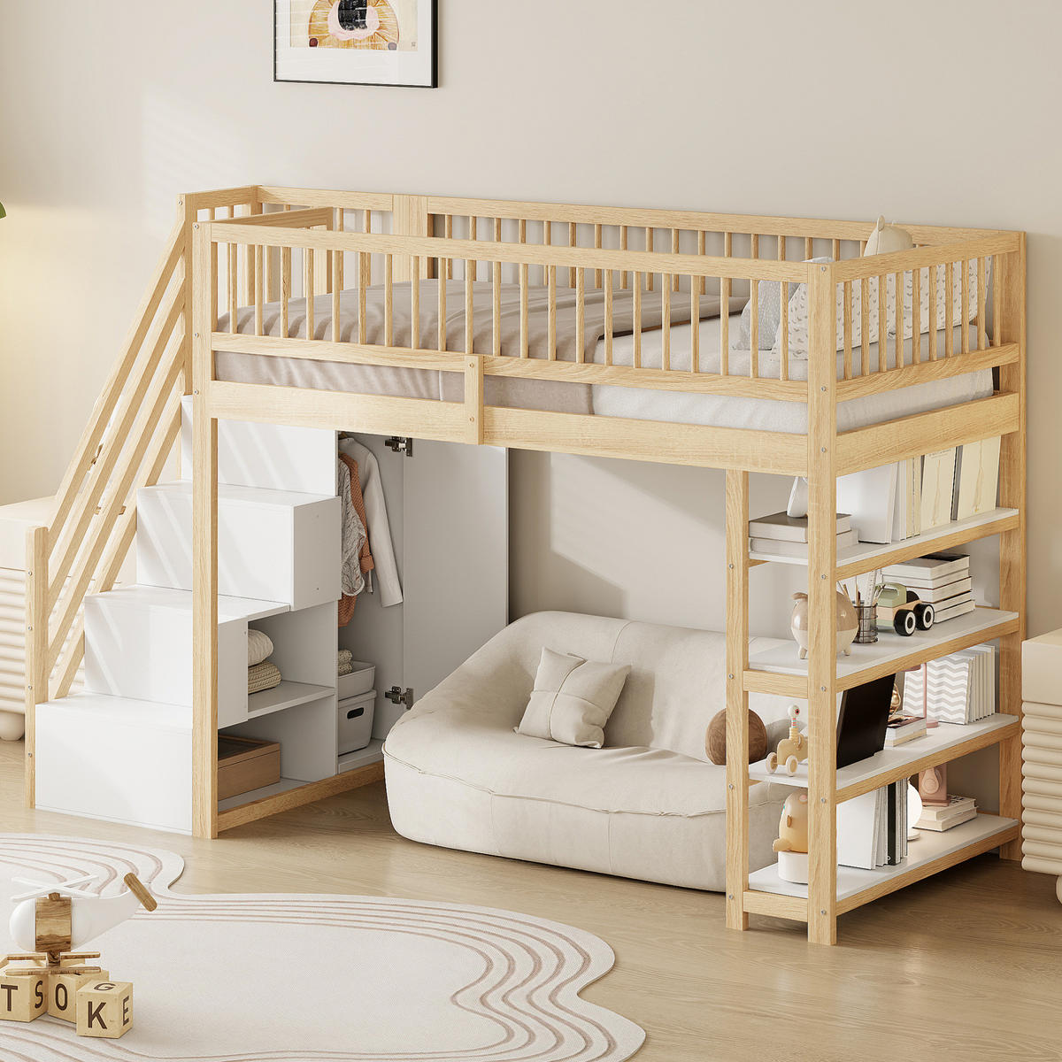 HOCHBETT 90/200 cm aus Massivholz mit Kleiderschrank und Regalen Holzfarben - Naturfarben, Holz (90/200cm) - Modenvie