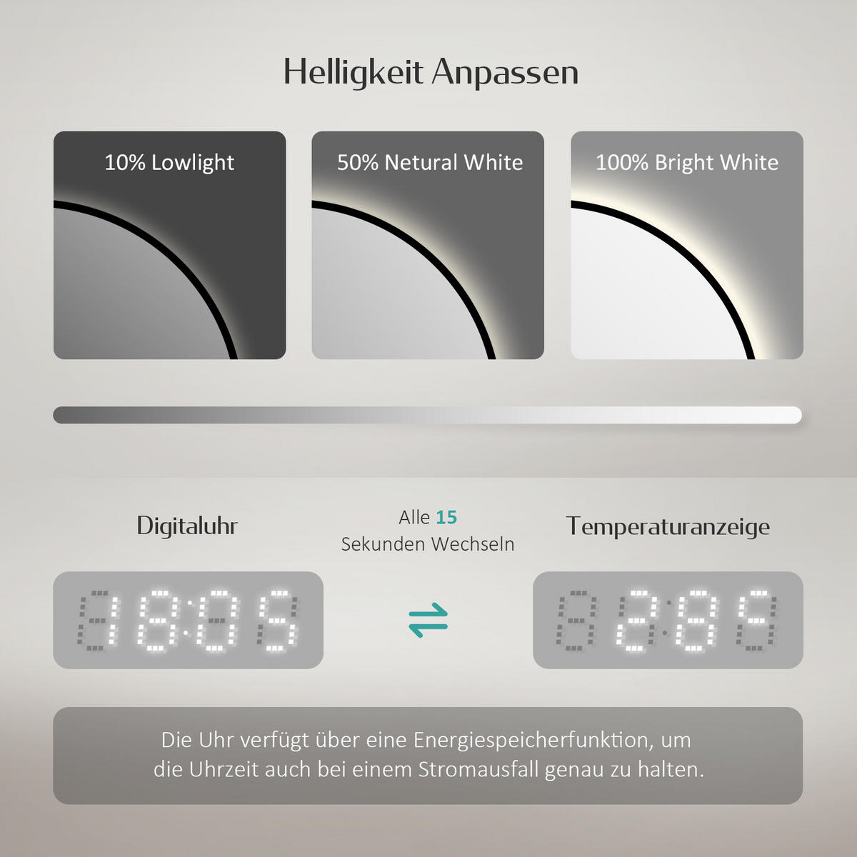 BADSPIEGEL Rund mit Beleuchtung Schwarz ф60 cm - Schwarz, Glas (60/3.1/60cm) - EMKE