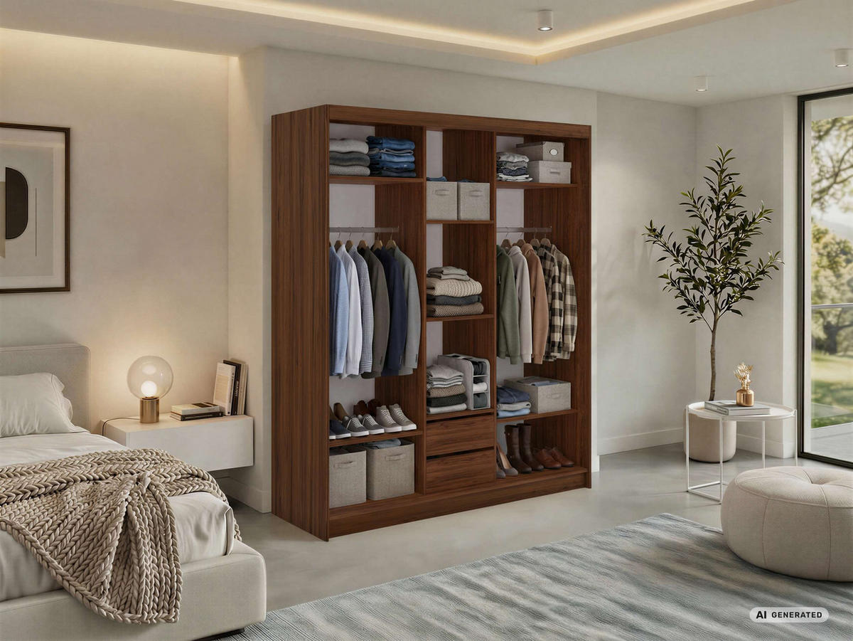 SCHWEBETÜRENSCHRANK mit Schubladen 180 - VERONA - Warmia Walnuss mit Spiegel - Walnussfarben/Alufarben, Holzwerkstoff/Metall (180/216/61cm) - MKS