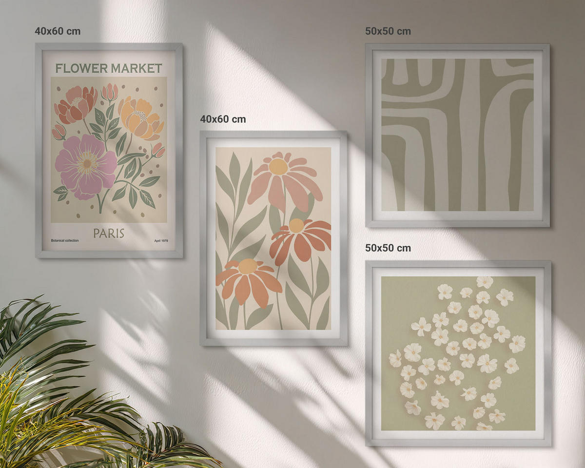 WANDBILDER 4er Set - 50x50 cm & 40x60 cm Silberner Rahmen - Botanische Motive, Pariser Minimalismus - Silberfarben, Kunststoff (50/50cm) - ArtPrintCave