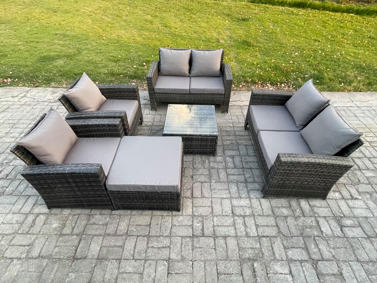 GARTENSOFA Hohe Rückenlehne Polyrattan Dunkelgrau 7-Sitzer - Dunkelgrau, Metall - Fimous
