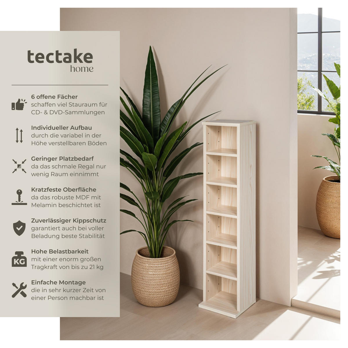 CD/DVD Regal Juliane,90 x 21 x 20 cm,buche - Buchefarben, Holz (21/90/20cm) - tectake