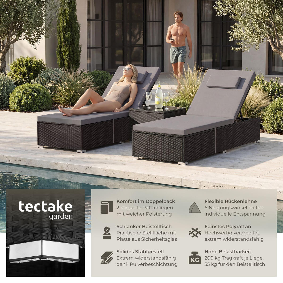 RATTAN-DOPPELLIEGE Carbonera, Belastbarkeit je 200 kg, schwarz - Schwarz, Kunststoff (62/36/196cm) - tectake