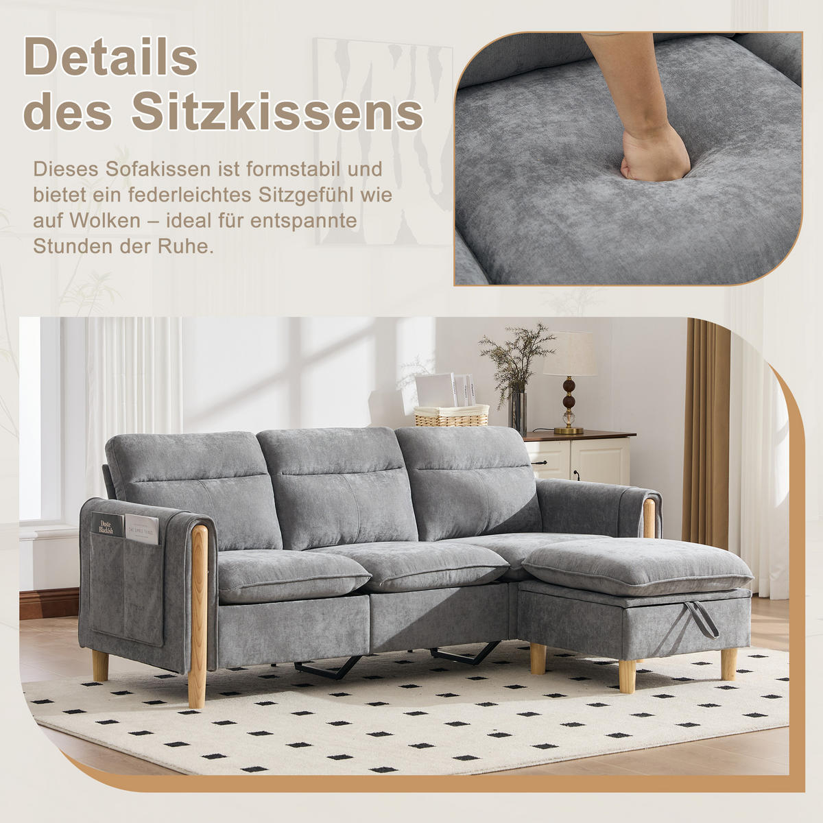 ECKSOFA DE-33940 mit Stauraumhocker und Seitentaschen Grau - Hellgrau, Holz (77/201cm) - ComfortXL