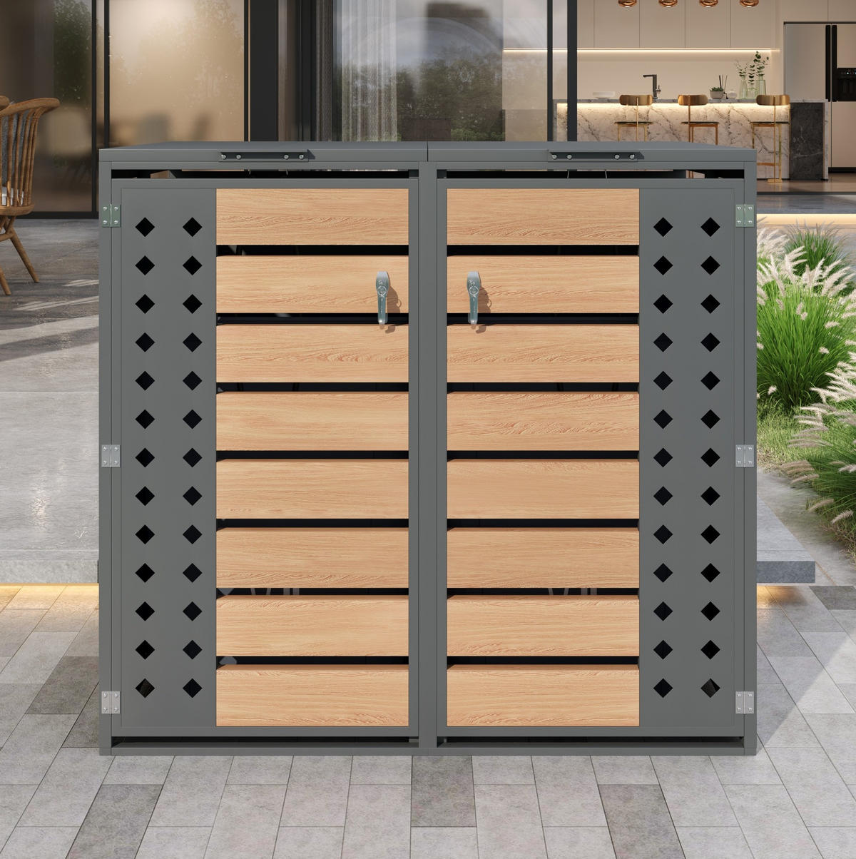 MÜLLTONNENBOX aus Stahl in Grau Holzoptik mit hydraulischem Klappdeckel - Grau, Metall (132/118.5/80cm) - Modfu