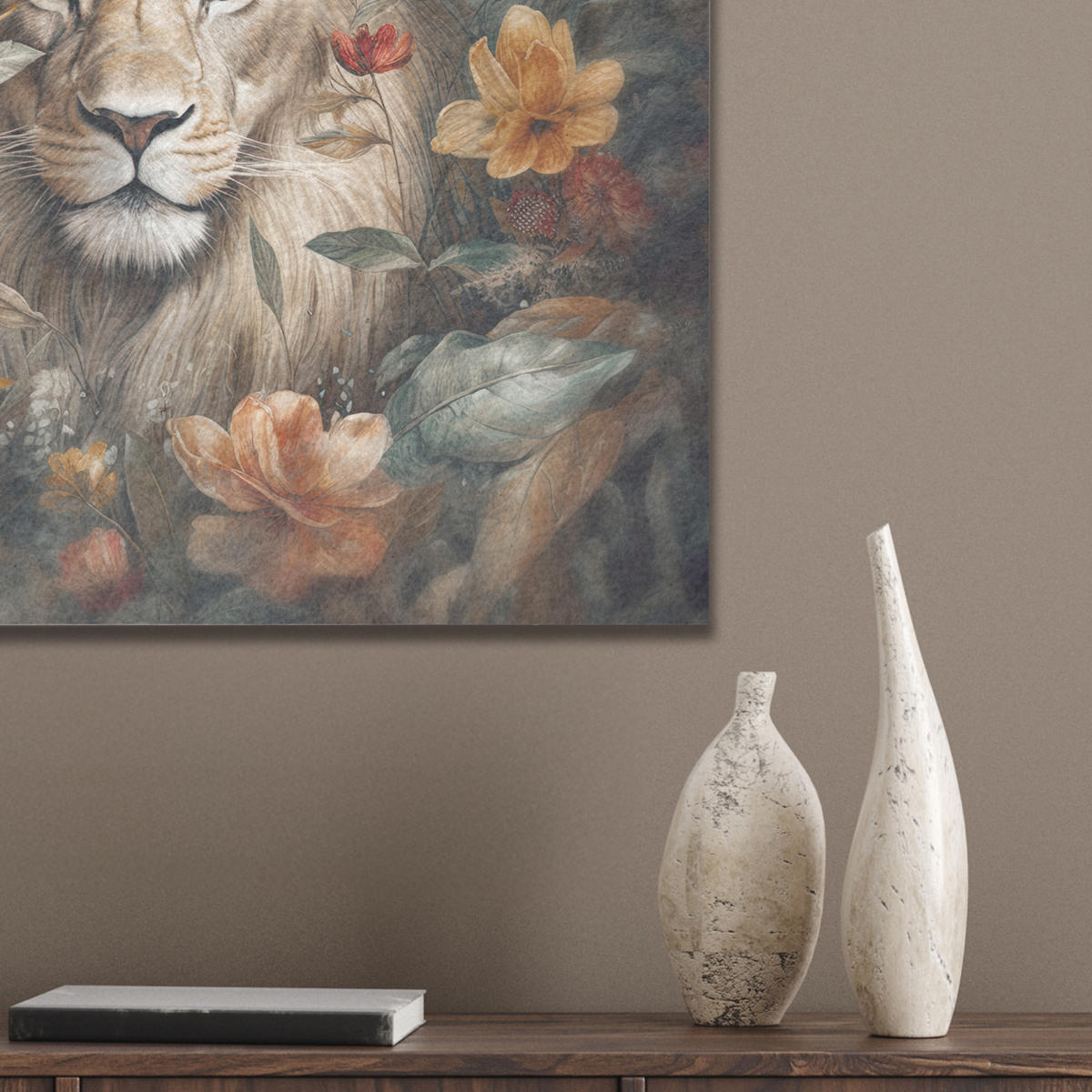 AKUSTIKBILD Löwe - Wildtiere - Pflanzen - Natur - Blumen Wandbilder 60x60 cm - Beige, Kunststoff (60/60/0.9cm) - MuchoWow
