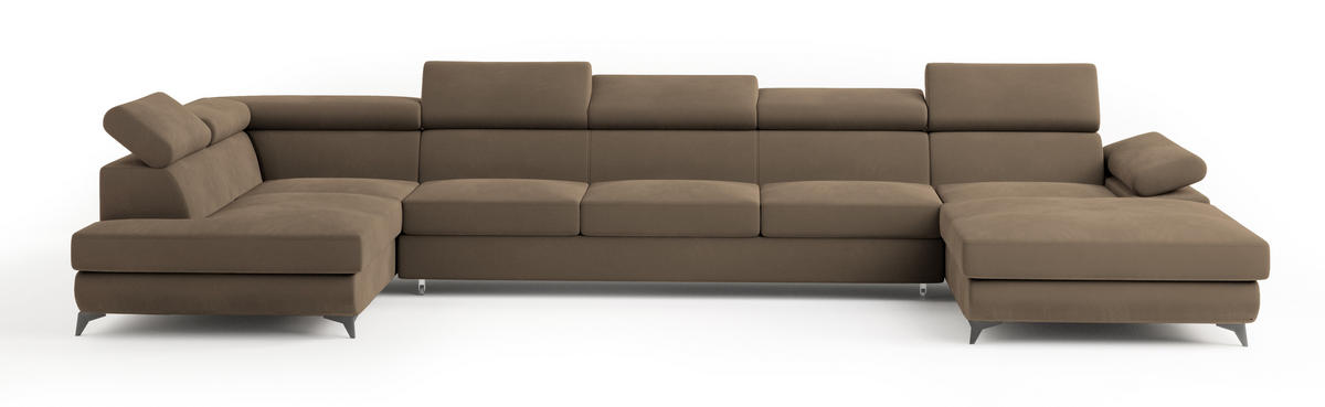 WOHNLANDSCHAFT MONTIVA Beige Velours-Stoff mit Schlaffunktion - Beige, Holz (410/89/190cm) - MASSENO