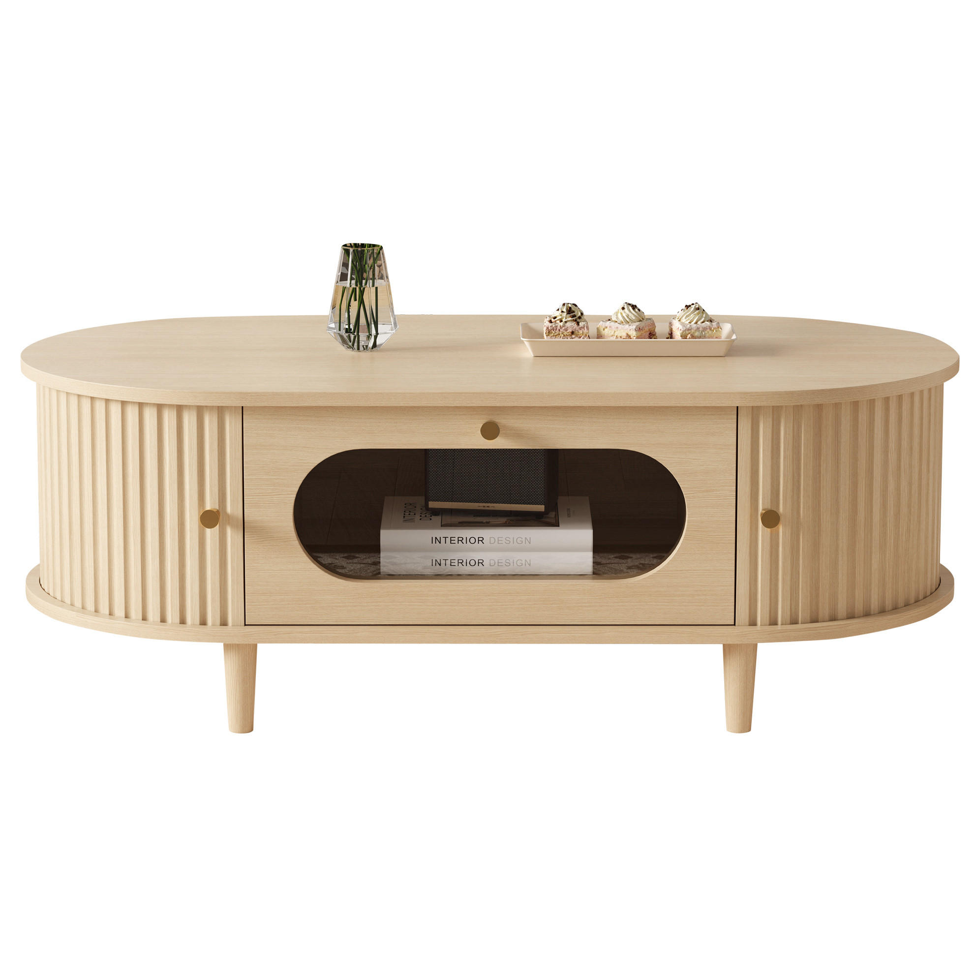 KONFERENČNÍ stolek 100/50/36 cm dubová barva z MDF se zásuvkou a roletovými dvířky - barva dubu, kompozitní dřevo (100/50/36cm) - OKWISH