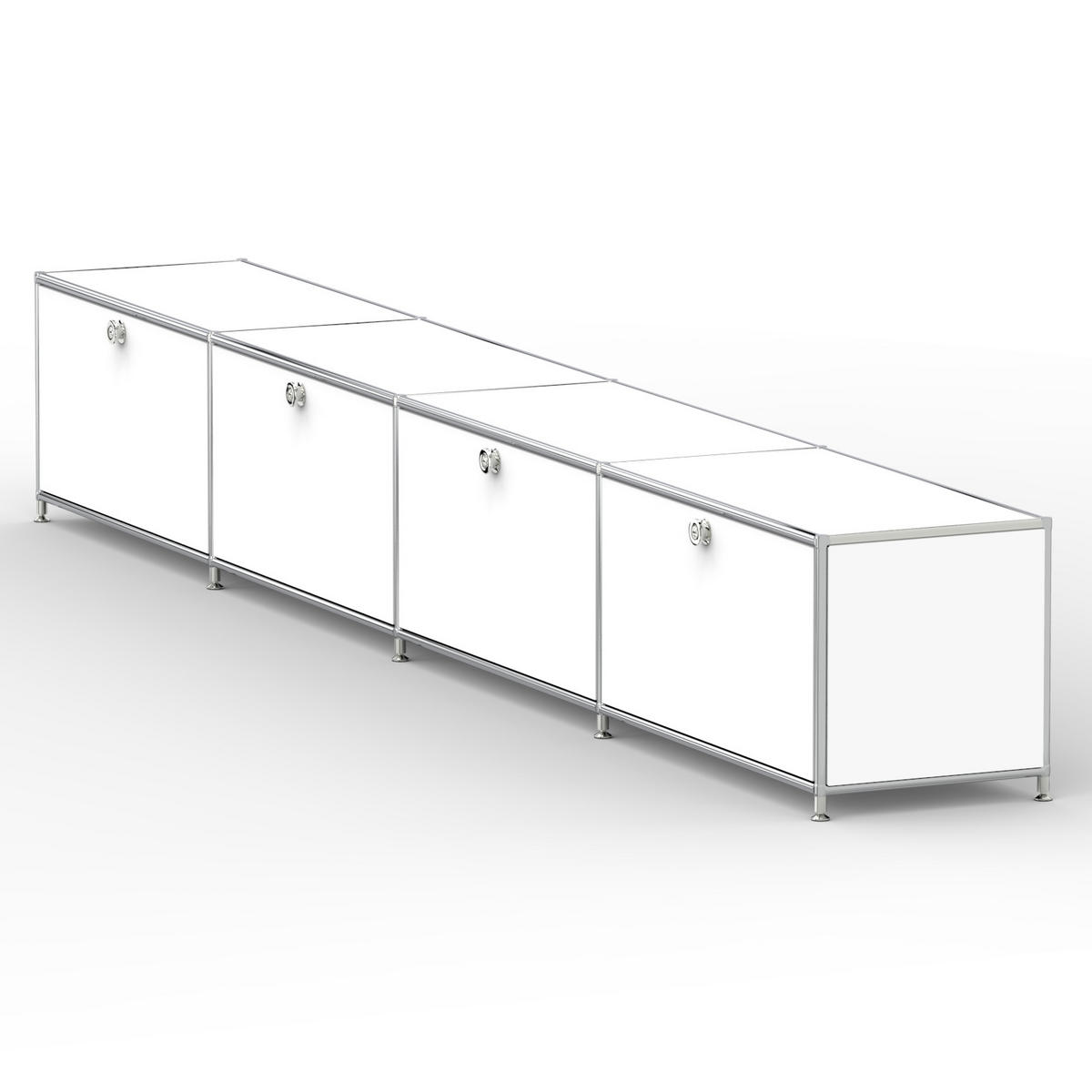 TV Board mit 4 Klappen & Schloss, Breite 302 cm, Signalweiß - Chromfarben/Silberfarben, Metall (40/43/302.2cm) - Versee