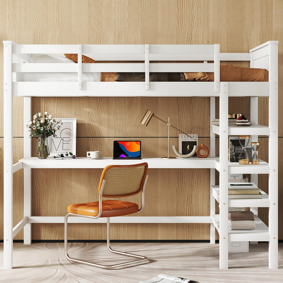 HOCHBETT 90/200 cm Weiß aus Kiefernholz und MDF mit Schreibtisch und Ablagefächern - Weiß, Holzwerkstoff (90/200cm) - OKMYHOME