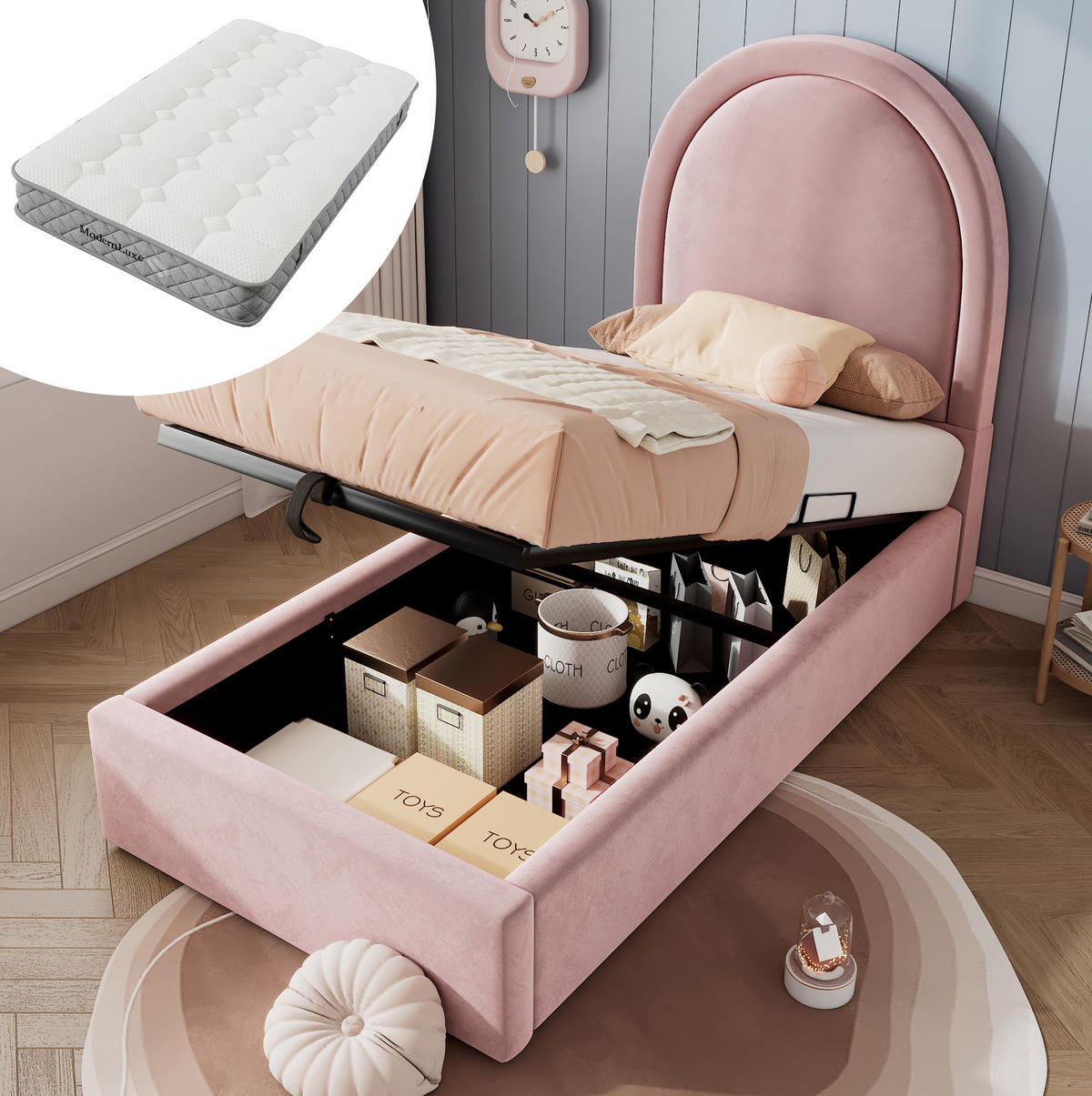 POLSTERBETT 90/200 cm Rosa aus Samt mit Matratze - Rosa, Textil (90/200cm) - OKMYHOME