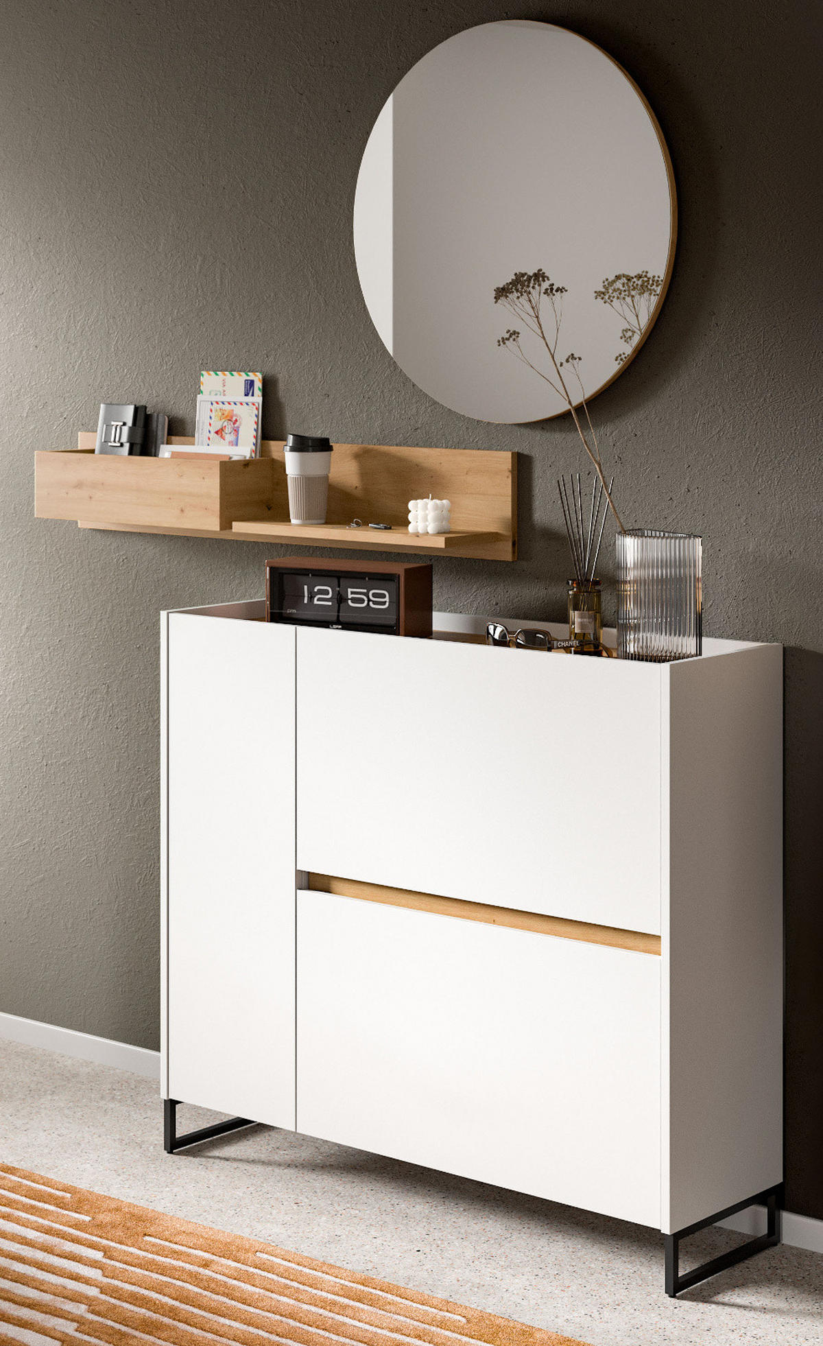 GARDEROBE-SET weiß und Artisan Eiche, Garderobe 3-teilig, 140 x 197 cm, Soft-Close, Borga - Schwarz/Weiß, Holzwerkstoff/Metall (140/197/32cm) - Inn.Furn