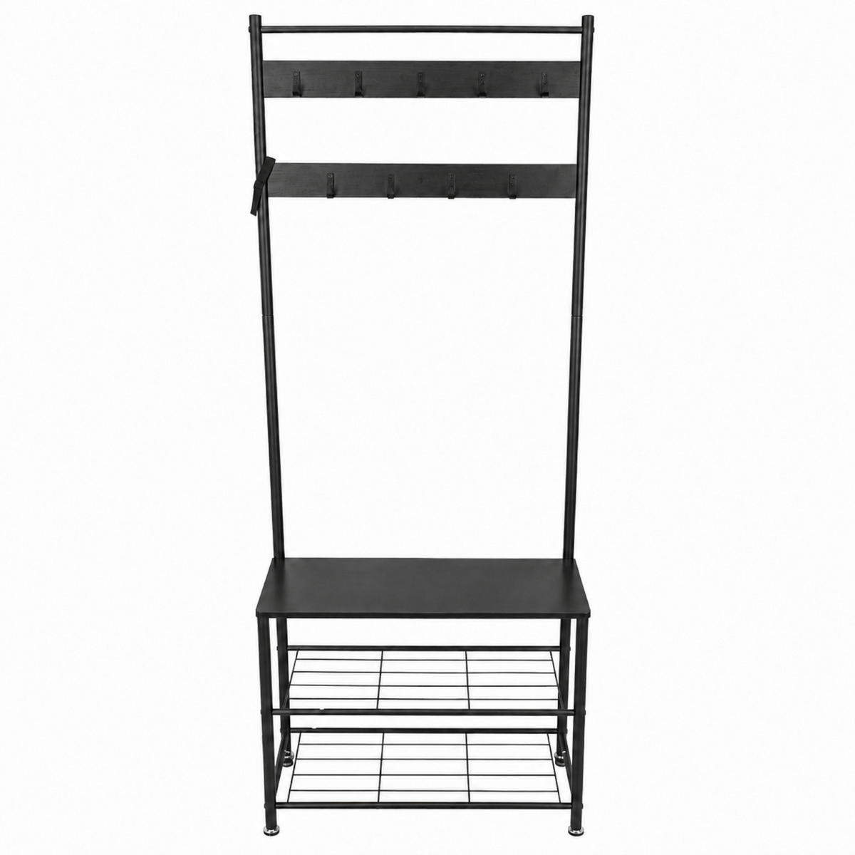 KLEIDERSTÄNDER MDF Metall Schwarz mit Sitzbank Haken und Schuhablagen 70x32x175 cm - Schwarz, Holzwerkstoff/Metall (70/175/32cm) - Begryf