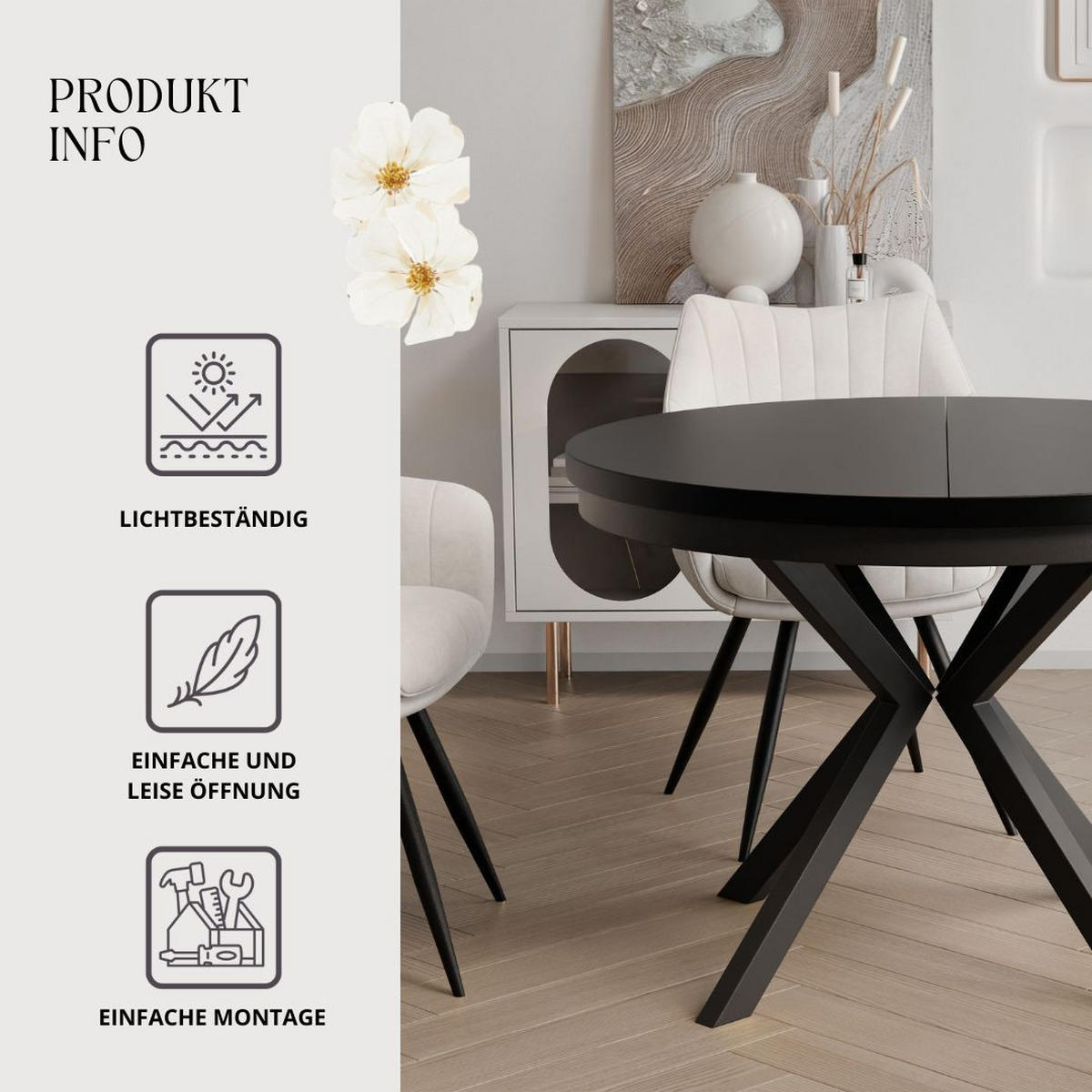 AUSZIEHTISCH MILTON 120-196/76 cm mit Metallgestell, Schwarz / Schwarz Molet - Schwarz, Holzwerkstoff/Metall (120/120/76cm) - Idohome