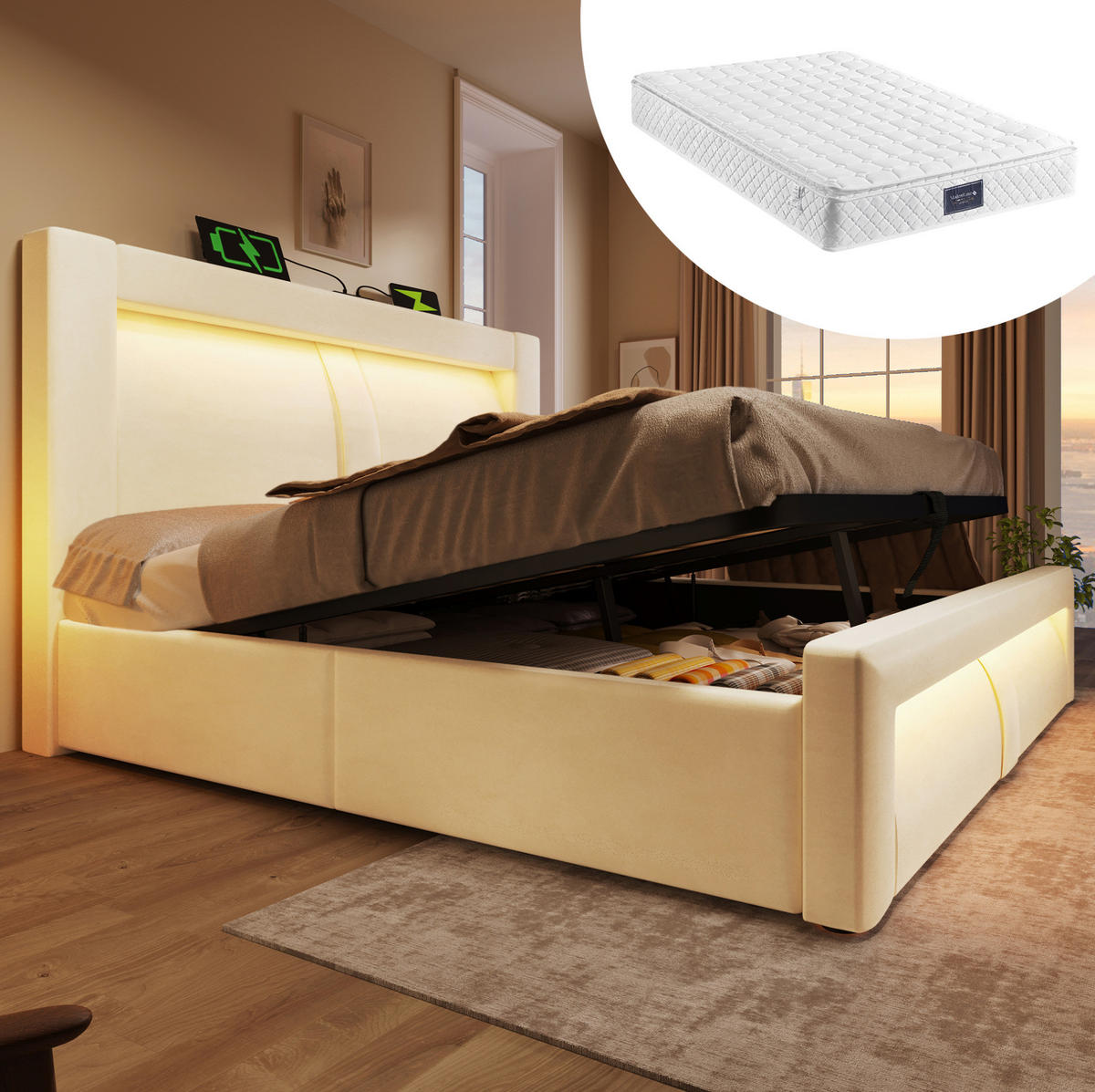 SAMT-POLSTERBETT 160/200 cm mit Bettkasten, LED-Beleuchtung und gepolstertem Kopfteil - Beige, Textil (160/200cm) - BEAOK