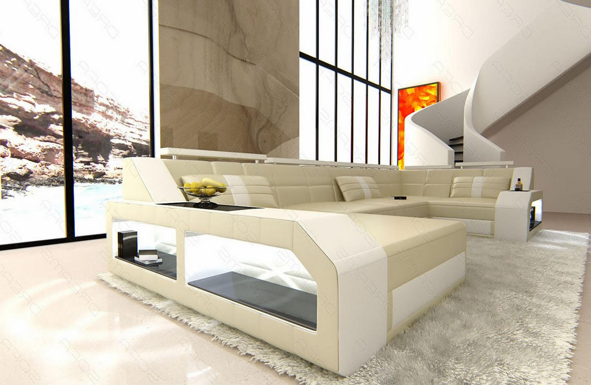 WOHNLANDSCHAFT Arezzo U - Beige/Weiß, Leder (380/86/197cm) - Sofa Dreams