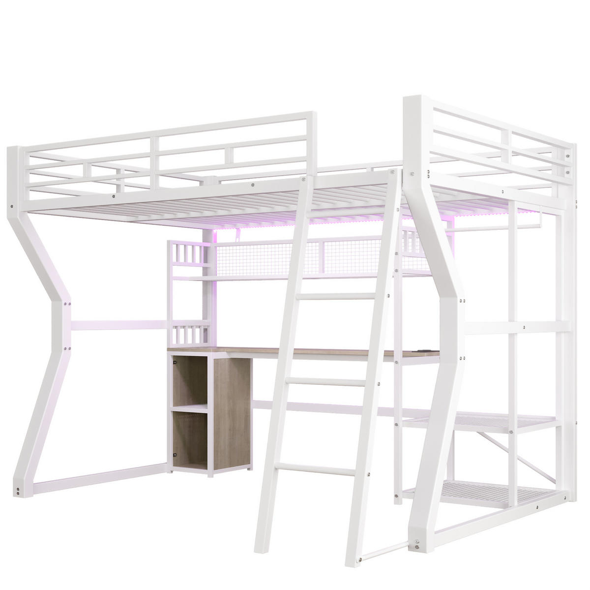 VISOKA postelja 140/200 cm bela z mizo, osvetlitvijo in obešalnim delom iz kovine in MDF - bela, leseni material (140/200cm) - OKWISH